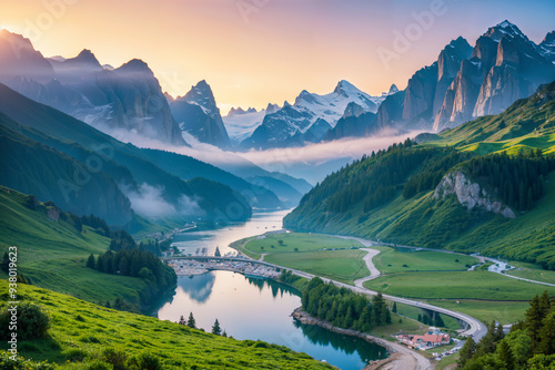 A beautiful mountain landscape with a river running through it 