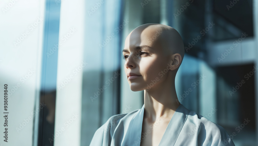 Woman standing by a window, looking out thoughtfully with a calm expression. The sunlight highlights her serene mood, reflecting resilience and strength in the face of a cancer journey Woman standing by a window, looking out thoughtfully with a calm expression. The sunlight highlights her serene mood, reflecting resilience and strength in the face of a cancer journey