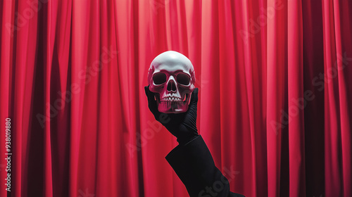 A gloved hand holding a white skull against a background of red velvet curtains, creating a dramatic and theatrical atmosphere