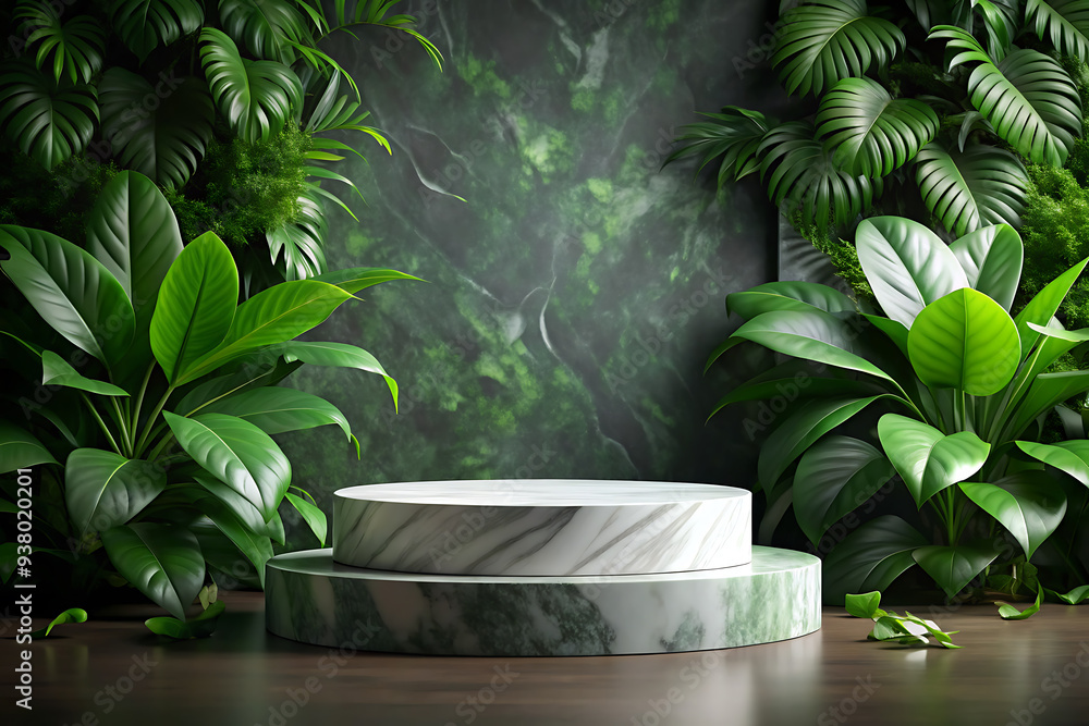 empty marble stone podium surrounded by verdant green leaves on a dark backdrop and product podium empty marble stone podium surrounded by verdant green leaves on a dark backdrop and product podium