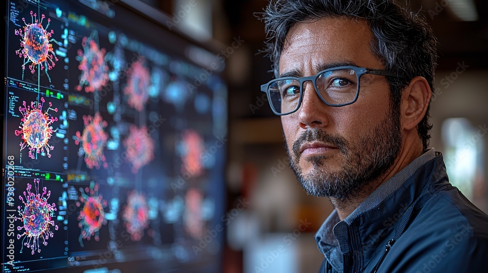 Fototapeta premium A research team using AI to model disease outbreaks, visualizing spread patterns and intervention scenarios.