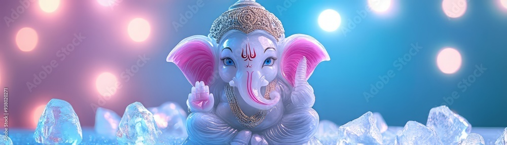A vibrant and colorful representation of a Ganesha statue surrounded by sparkling decor, evoking positivity and joy. A vibrant and colorful representation of a Ganesha statue surrounded by sparkling decor, evoking positivity and joy.