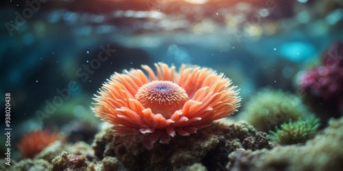 A tight shot of a sea anemone on coral, surrounded by other corals and algae in the background. photo