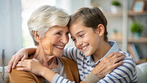 Smiling grandma tenderly places a loving hand on her teenage grandchild's shoulder, sharing a warm and intimate moment filled with joy and affection.