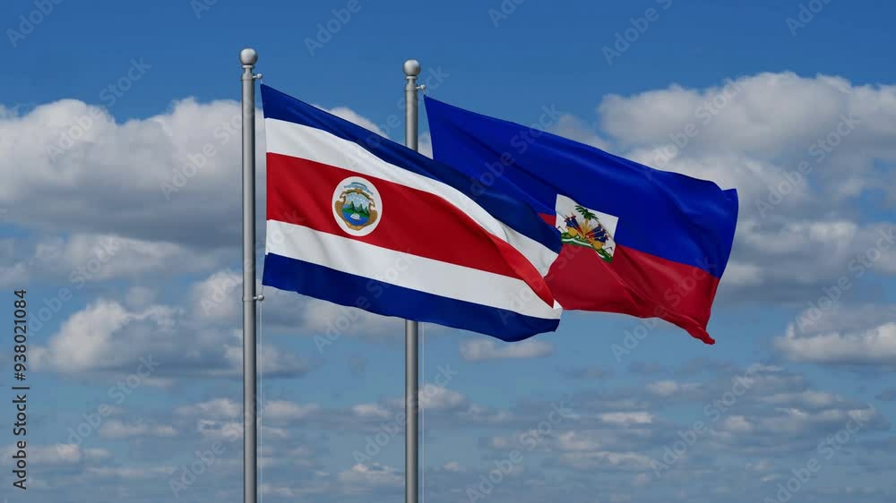 Haiti and Costa Rico flags flying together, video concept of the relationship, two country relations concept Haiti and Costa Rico flags flying together, video concept of the relationship, two country relations concept
