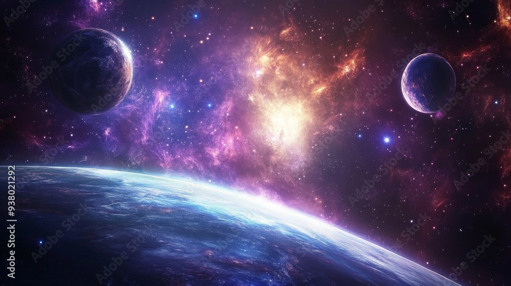Obraz premium Cosmic Landscape: Planets and Nebulae in a Starry Universe - A mesmerizing view of a distant planet with a nebula behind it, symbolizing vastness, exploration, the beauty of the cosmos, wonder, and th