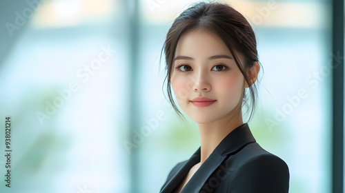 A young professional woman in a black suit smiles confidently against a blurred office background. 