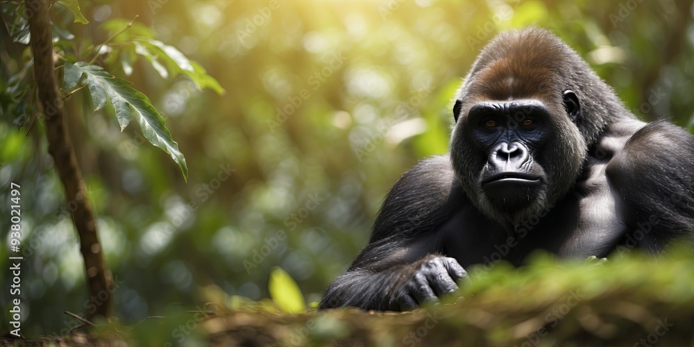 Obraz premium One gorillone sits in a jungle, looking out onet a world.