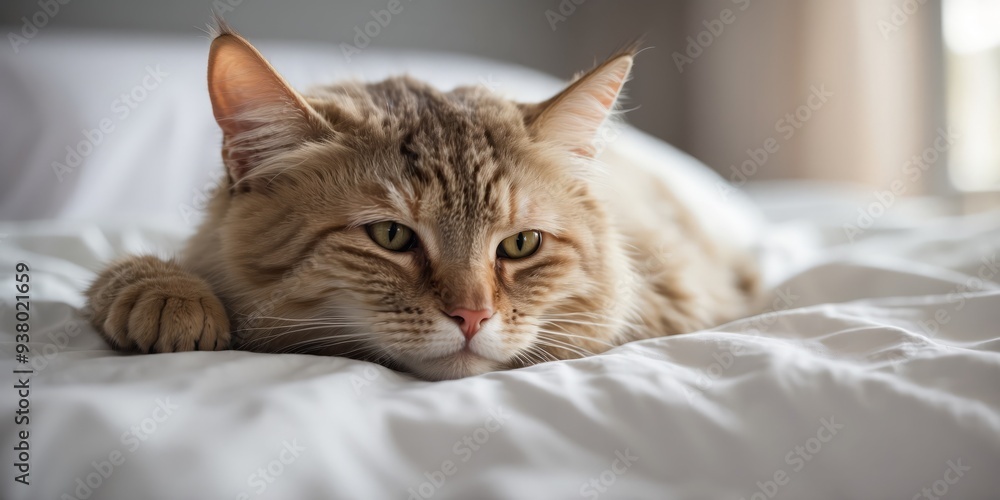 A tight shot of a cat reclining on its back on a bed, featuring a white comforter and pristine white sheets. A tight shot of a cat reclining on its back on a bed, featuring a white comforter and pristine white sheets.