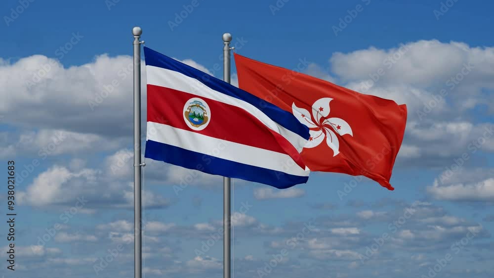 Hong Kong and Costa Rico flags flying together, video concept of the relationship, two country relations concept Hong Kong and Costa Rico flags flying together, video concept of the relationship, two country relations concept