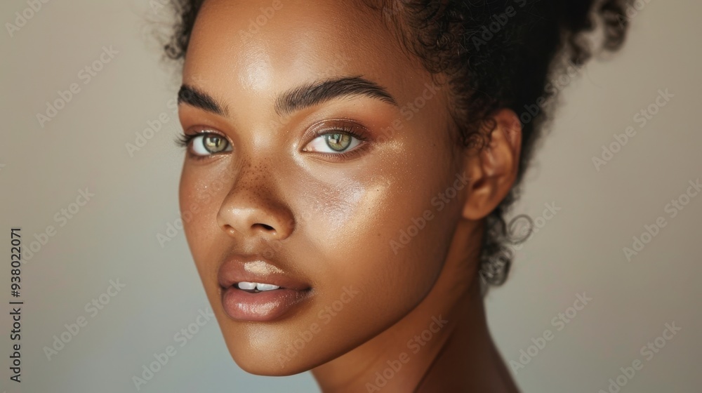 A beautiful-skinned woman with minimal makeup, her natural complexion glowing against a light background A beautiful-skinned woman with minimal makeup, her natural complexion glowing against a light background