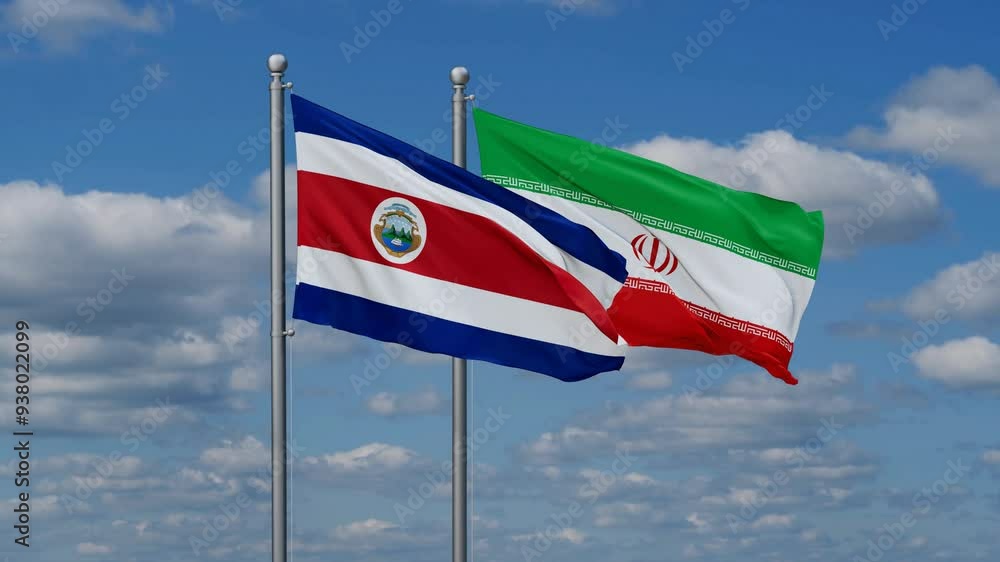 Iran and Costa Rico two flags waving together on blue , video concept of the relationship Iran and Costa Rico two flags waving together on blue , video concept of the relationship