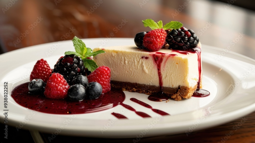 A beautifully arranged dessert plate featuring a slice of cheesecake, fresh berries, and a drizzle of berry sauce A beautifully arranged dessert plate featuring a slice of cheesecake, fresh berries, and a drizzle of berry sauce