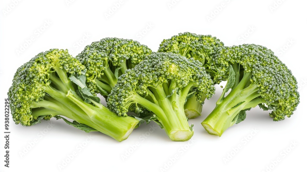 Five fresh broccoli florets arranged on a white background. Five fresh broccoli florets arranged on a white background.