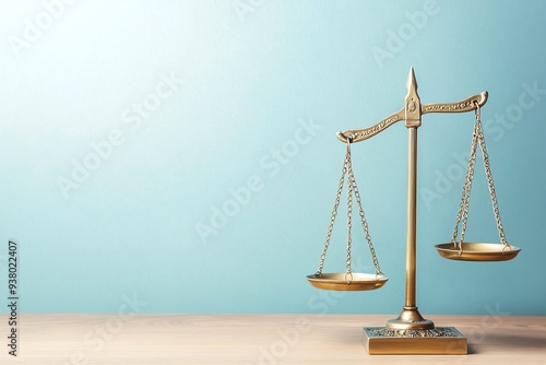 A golden unbalanced scale symbolizes justice and unfair, contrasting against a soft blue background, ideal for legal themes. photo