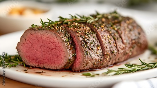 A beautifully cooked beef tenderloin, perfectly seasoned and garnished with fresh herbs, presented on a white plate for an elegant dining experience. 