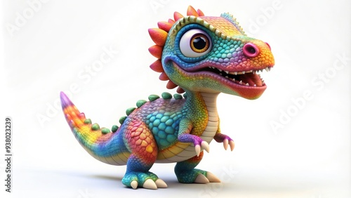 Adorable 3D dinosaur with bright colorful scales and big expressive eyes, standing on hind legs with tiny forearms, against a soft white background.