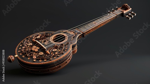 A beautifully crafted sitar, its long neck and resonating chamber adorned with intricate designs. 32k, full ultra hd, high resolution photo