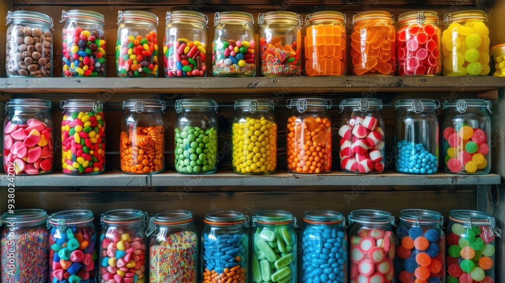 A candy store shelf filled with jars of brightly colored candies, from licorice twists to sour belts A candy store shelf filled with jars of brightly colored candies, from licorice twists to sour belts