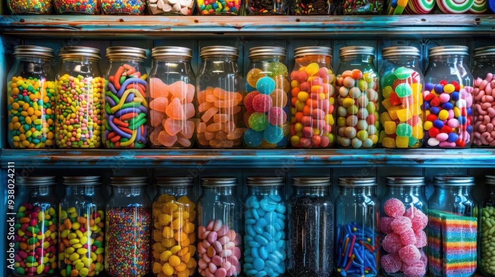 A candy store shelf filled with jars of brightly colored candies, from licorice twists to sour belts A candy store shelf filled with jars of brightly colored candies, from licorice twists to sour belts