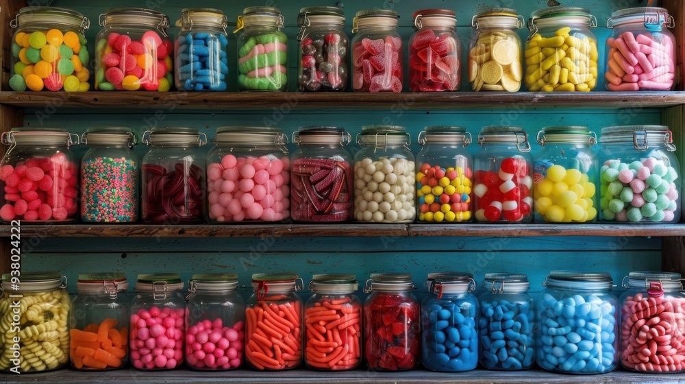 custom made wallpaper toronto digitalA candy store shelf filled with jars of brightly colored candies, from licorice twists to sour belts