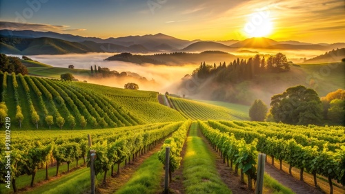Wallpaper Mural Soft golden light illuminates rows of lush green grapevines and misty hillsides as dawn breaks over a serene and peaceful vineyard landscape at sunrise. Torontodigital.ca