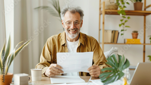 Smiling Caucasian elderly senior manager businessman working and reading paper document in cozy office or house photo