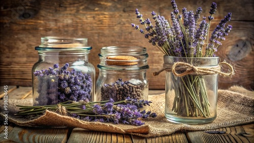 Softly focused still life of distressed vintage apothecary jars filled with dried lavender flowers, set against a worn wooden table and faded burlap backdrop.