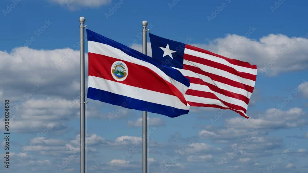 Liberia and Costa Rico flags flying together, video concept of the relationship, two country cooperation concept Liberia and Costa Rico flags flying together, video concept of the relationship, two country cooperation concept