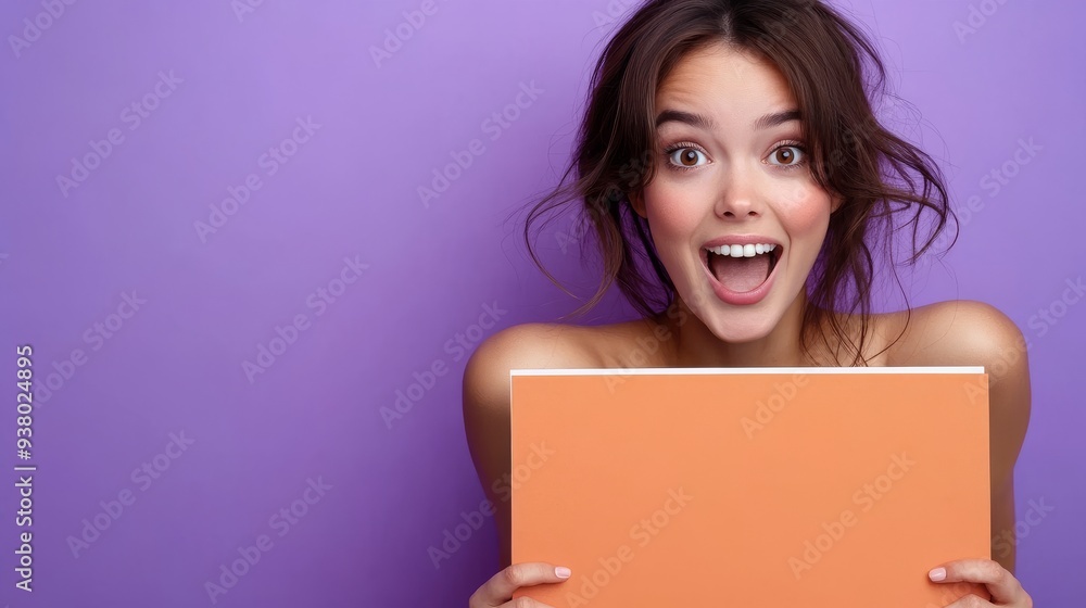 surprised beautiful lady hide behind huge empty space panel surprised beautiful lady hide behind huge empty space panel
