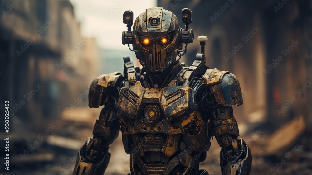 A robot soldier stands guard in a post-apocalyptic world. A robot soldier stands guard in a post-apocalyptic world.