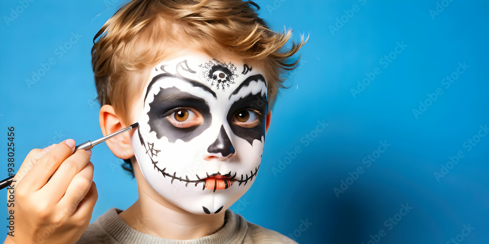 Candid Halloween Face Painting concept as A candid shot of a child getting their face painted with a spooky design at a Halloween fair. The scene captures the excitement and creativity ideal for ads p Candid Halloween Face Painting concept as A candid shot of a child getting their face painted with a spooky design at a Halloween fair. The scene captures the excitement and creativity ideal for ads p