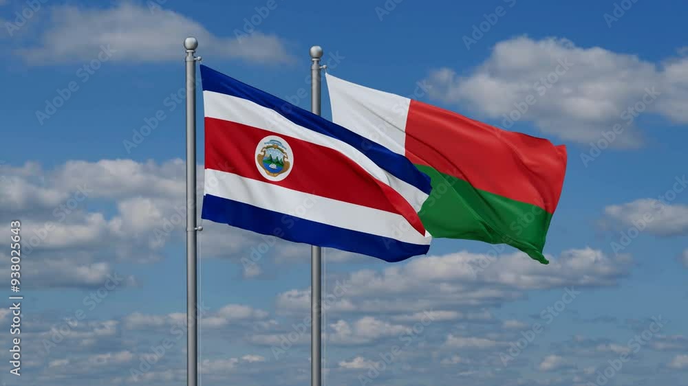 Madagascar and Costa Rico flags flying together, video concept of the relationship, two country relations concept Madagascar and Costa Rico flags flying together, video concept of the relationship, two country relations concept