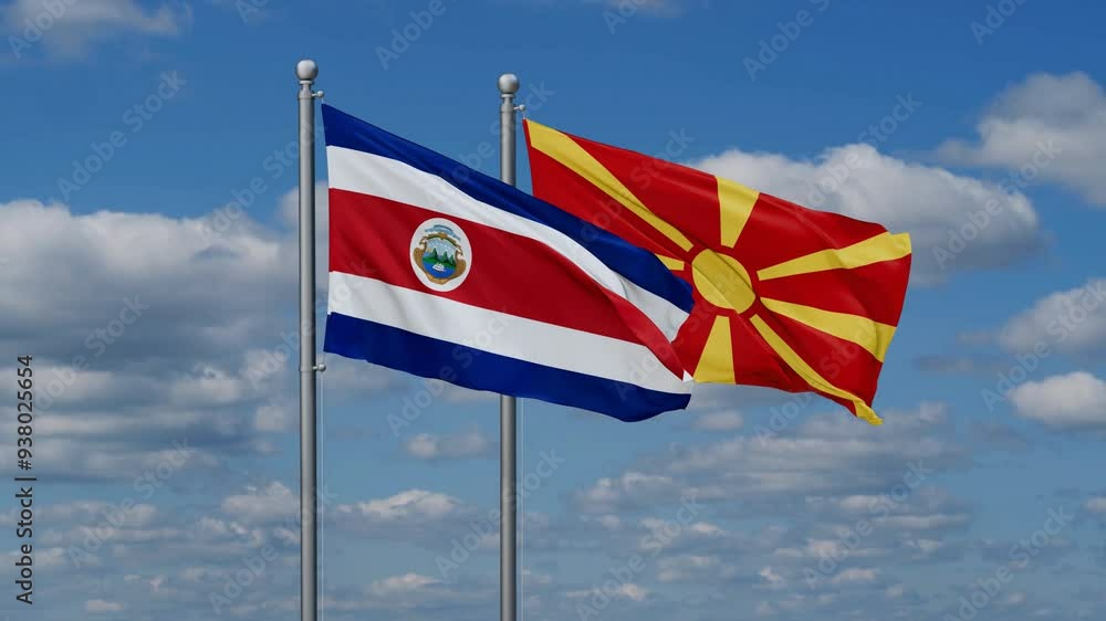 Costa Rico and North Macedonia flags flying together, video concept of the relationship Costa Rico and North Macedonia flags flying together, video concept of the relationship