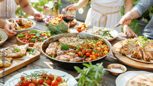 Happy friends having food and barbecued dinner party in garden. Happiness of reunion friendship