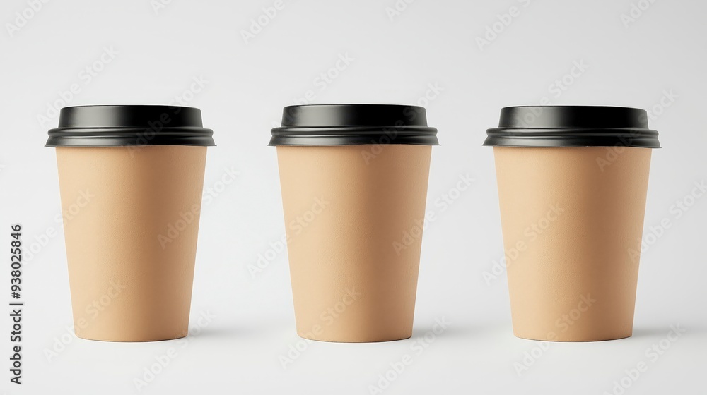 Three brown paper coffee cups with black lids on a white background. Three brown paper coffee cups with black lids on a white background.