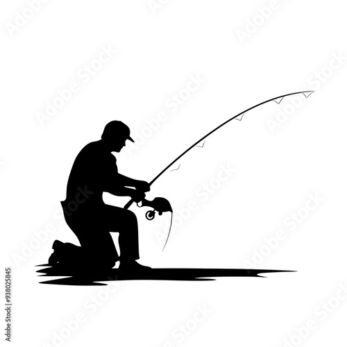 fisherman, fish, fisher, fisherboat, fish boat, bucket, fishbucket, fishing rod, rod, sea, sealife, vector graphic black and white