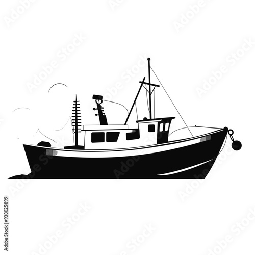 fisherman, fish, fisher, fisherboat, fish boat, bucket, fishbucket, fishing rod, rod, sea, sealife, vector graphic black and white