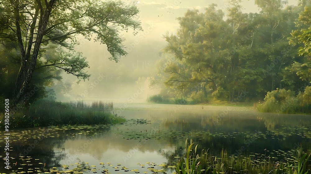 A serene landscape featuring a calm lake surrounded by lush greenery and misty atmosphere. A serene landscape featuring a calm lake surrounded by lush greenery and misty atmosphere.