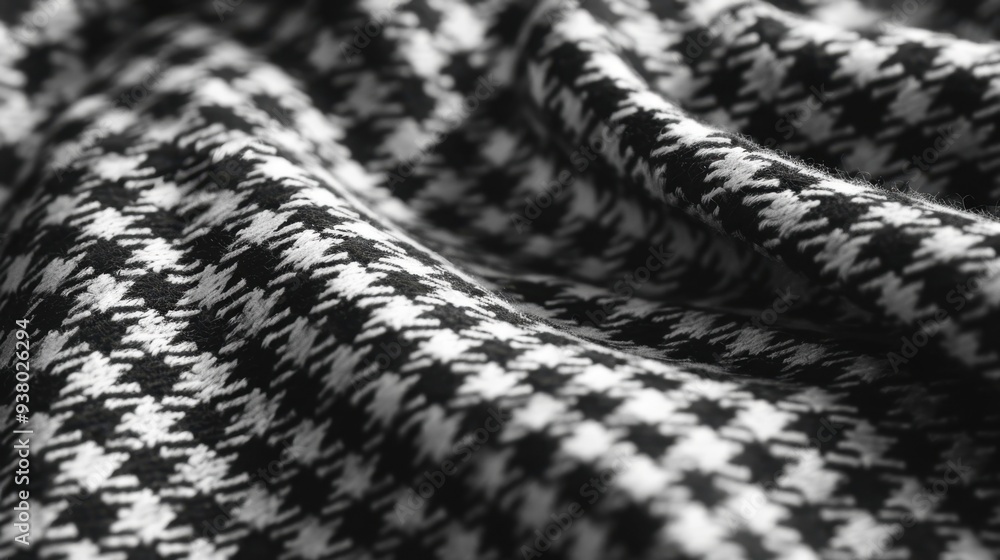 A close-up of a houndstooth fabric in black and white, showcasing its classic, geometric pattern A close-up of a houndstooth fabric in black and white, showcasing its classic, geometric pattern