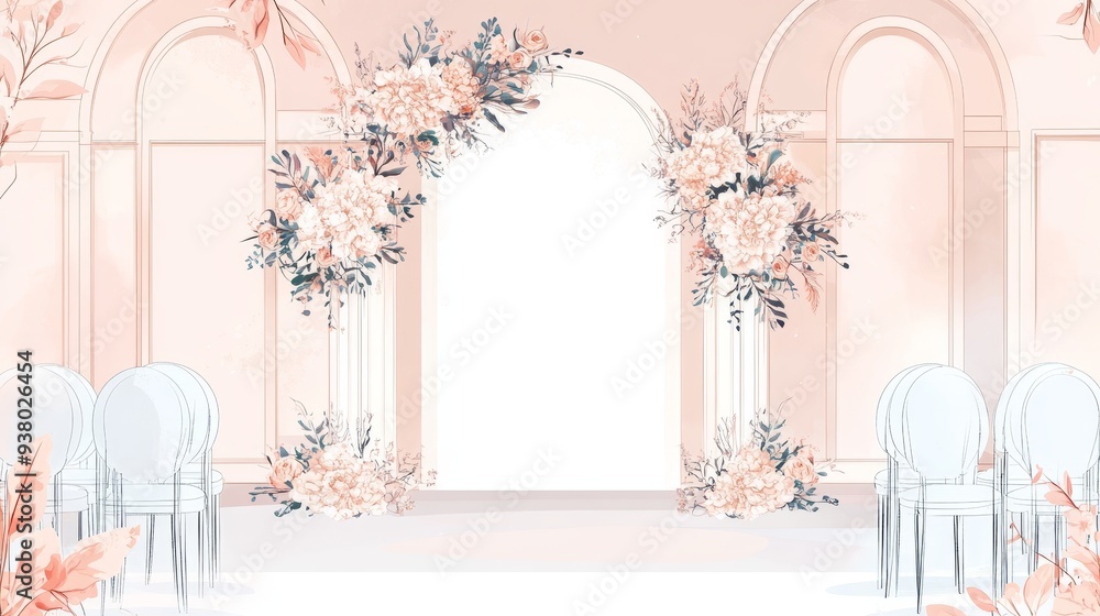 Elegant Wedding Ceremony Arch with Floral Decor - A romantic wedding ceremony backdrop featuring a floral archway, white chairs, and delicate pink and white flowers. Elegant Wedding Ceremony Arch with Floral Decor - A romantic wedding ceremony backdrop featuring a floral archway, white chairs, and delicate pink and white flowers.
