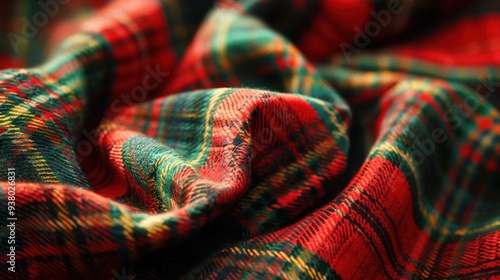 A close-up of a plaid fabric in classic red and green, with its bold, recognizable pattern adding warmth