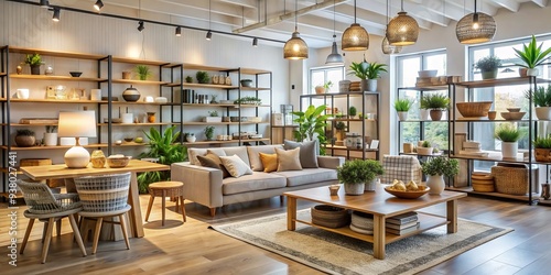 Spacious modern retail interior with rows of shelved furniture and decorative items, showcasing a vast selection of affordable home goods and decor in a well-lit atmosphere.