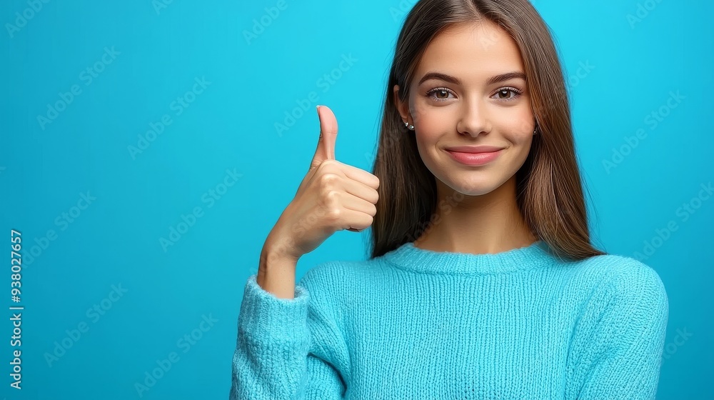cute lady demonstrates arm thumb, empty space, good news information cute lady demonstrates arm thumb, empty space, good news information