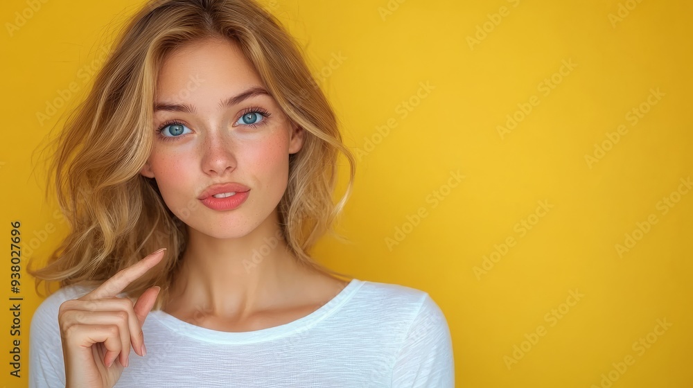 Fototapeta premium young woman pointing empty space on yellow background