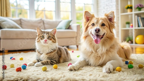 Adorable fluffy cat and playful pup sprawl on a cozy cream-colored carpet, surrounded by scattered toys and treats, in a warm and inviting living room. photo