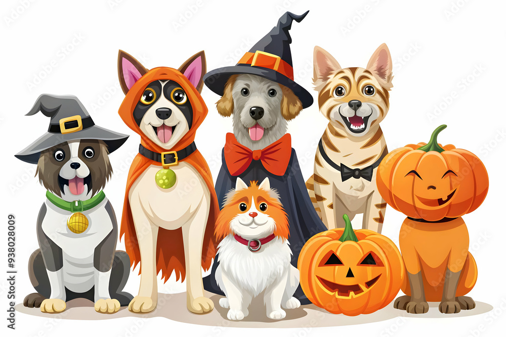 Fototapeta premium Flat Candid Halloween Pet Costume Contest concept as A candid shot of pets dressed in Halloween costumes eagerly participating in a contest. The scene captures the humor and excitement ideal for ads p