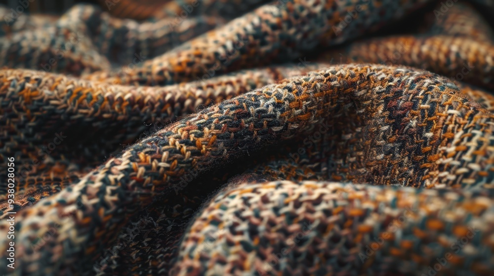 A close-up of a tweed fabric in a mix of earthy tones, showcasing its rich texture and depth A close-up of a tweed fabric in a mix of earthy tones, showcasing its rich texture and depth