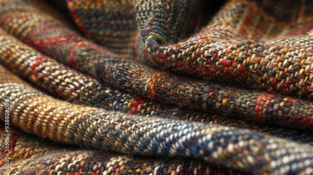 A close-up of a tweed fabric in a mix of earthy tones, showcasing its rich texture and depth A close-up of a tweed fabric in a mix of earthy tones, showcasing its rich texture and depth