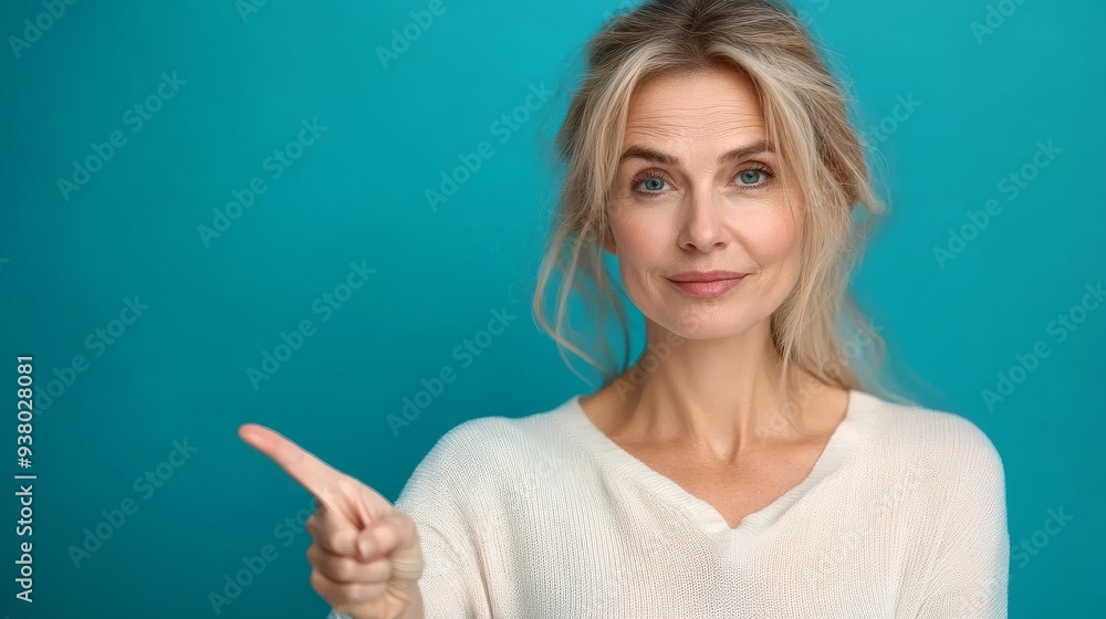 middle age woman pointing finger in empty space middle age woman pointing finger in empty space